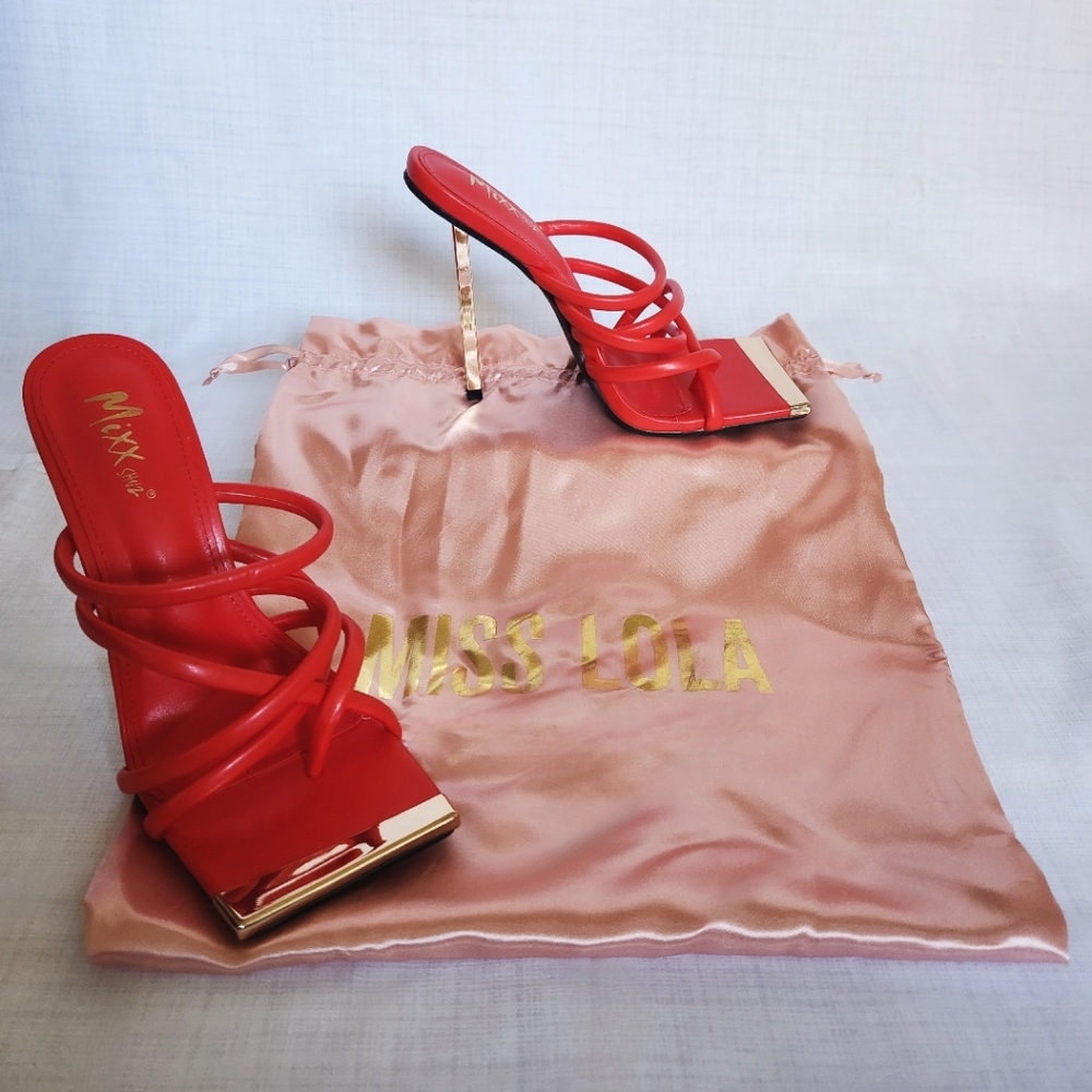 Miss Lola Red Strappy Square Toe High Heels with Gold Accents - Picture 3 of 8